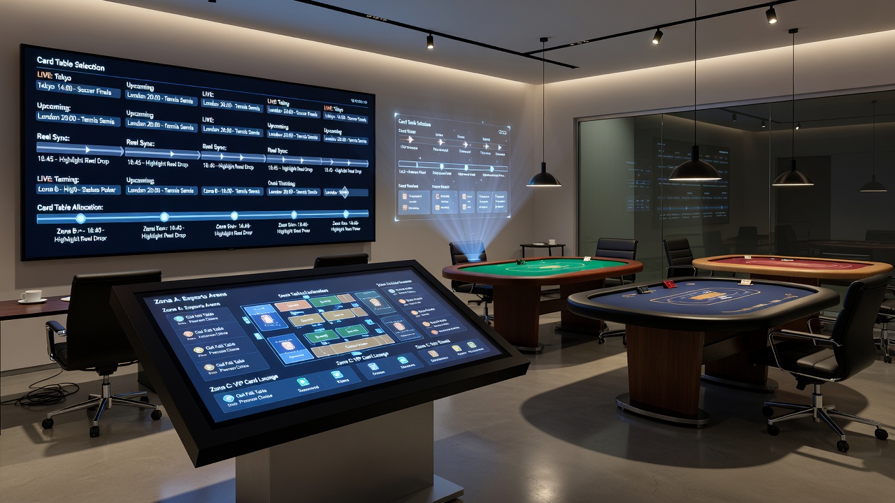 Players transitioning between reel zones and card tables in a coordinated multi-zone entertainment venue