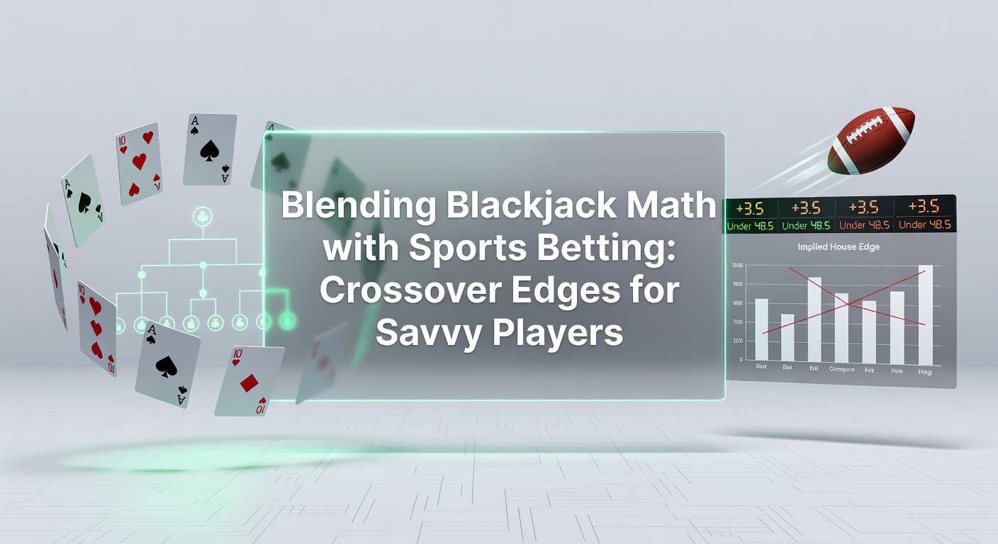 Digital overlay of blackjack cards merging with sports betting odds charts, symbolizing mathematical crossover strategies