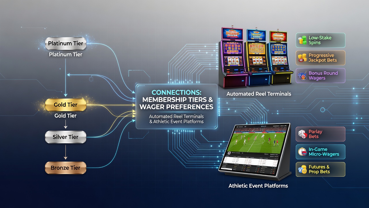 Integrated resort floor showing automated reel terminals alongside digital sports betting stations with loyalty tier displays