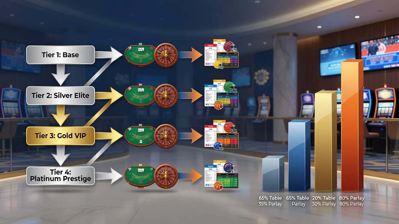 Integrated casino floor with table game pits adjacent to digital sports betting kiosks during a promotional period