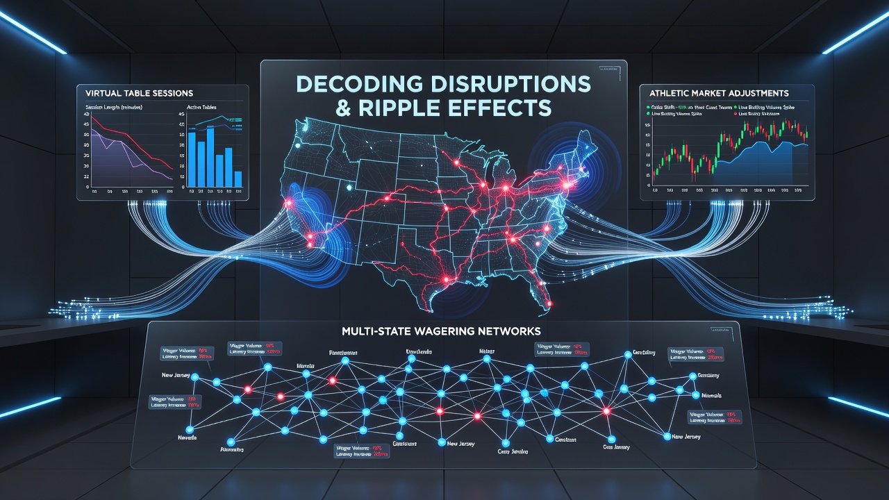 Airline route map overlaid with gaming network indicators showing disruption patterns across major hubs