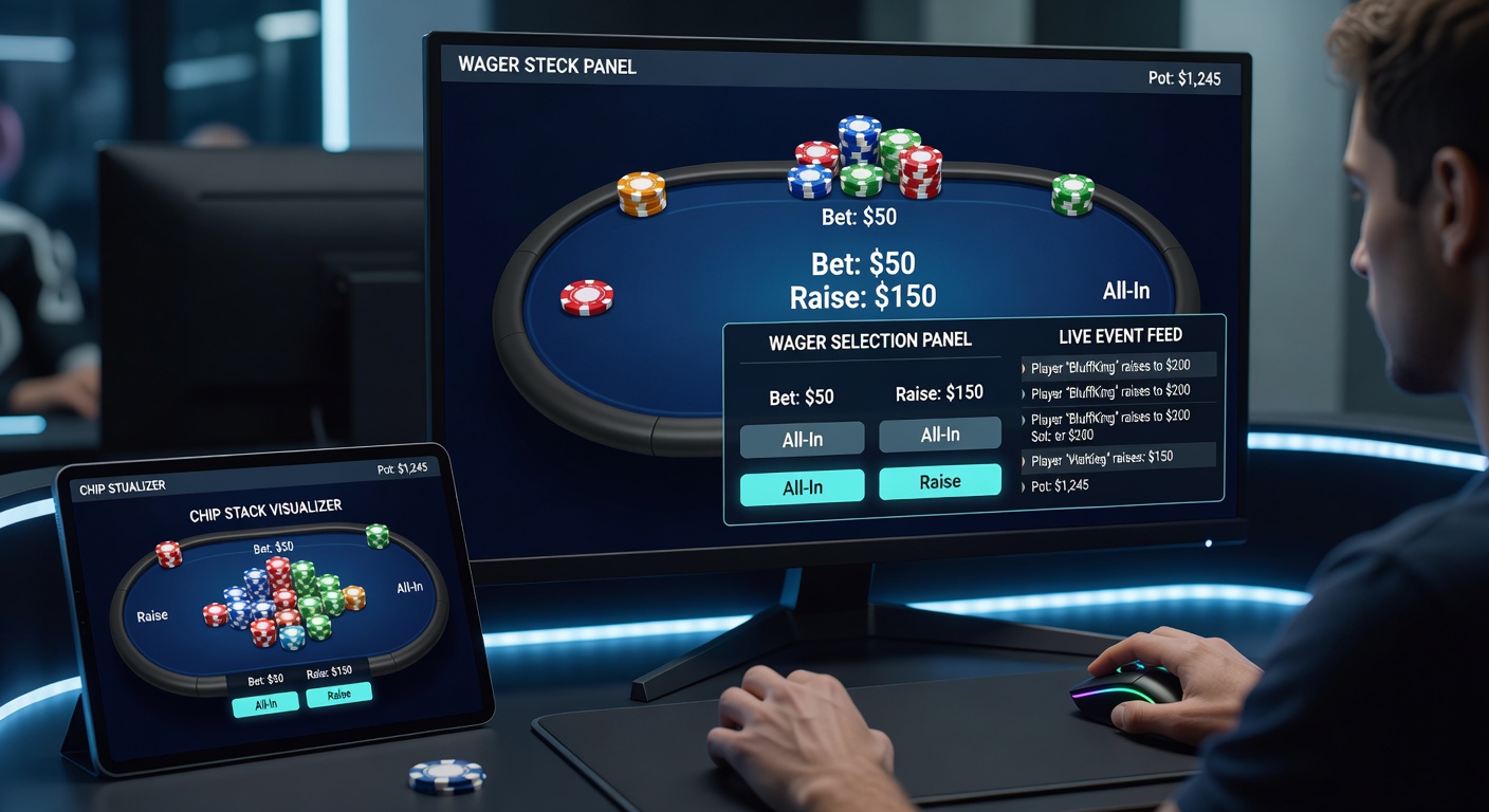 Close-up view of poker interface with live event overlay and wager controls