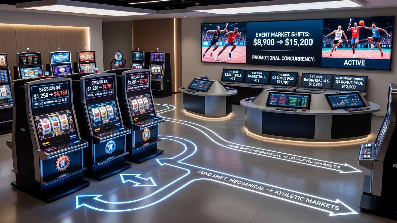 Casino floor layout showing pathways from mechanical reel areas to sports betting zones during overlapping promotions