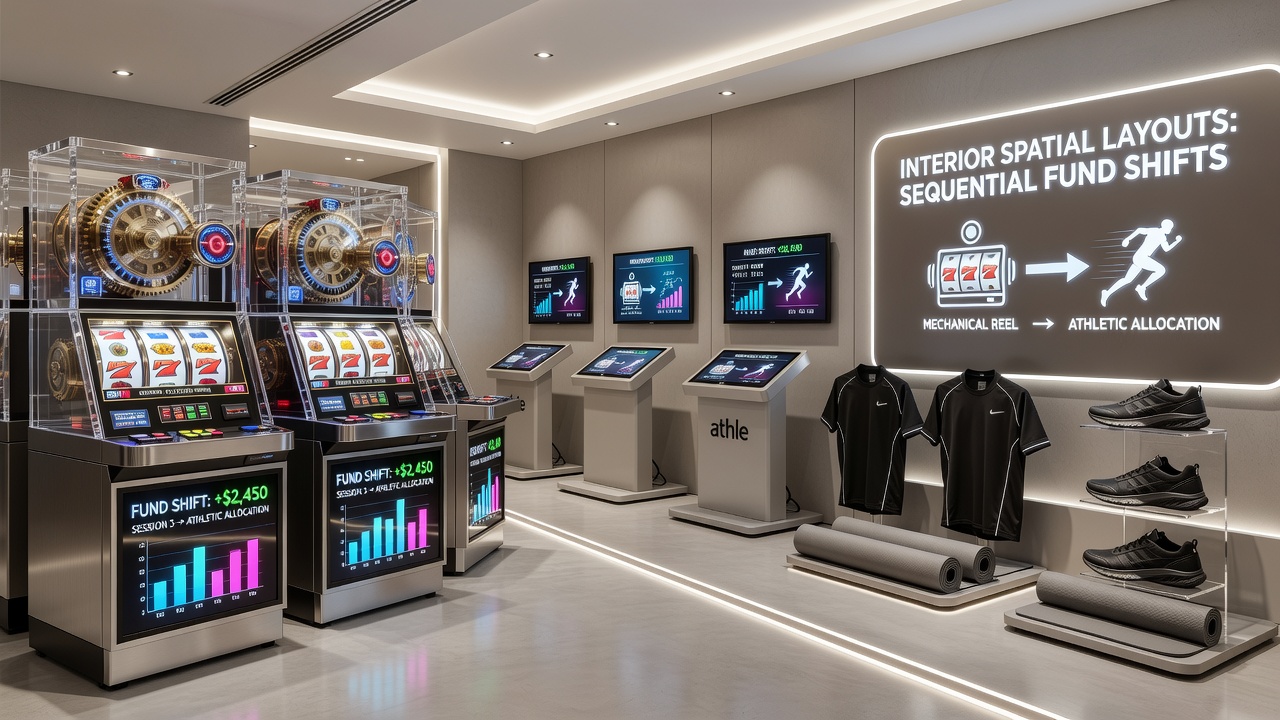 Overhead view of resort interior with highlighted routes connecting slot machines to sports betting terminals
