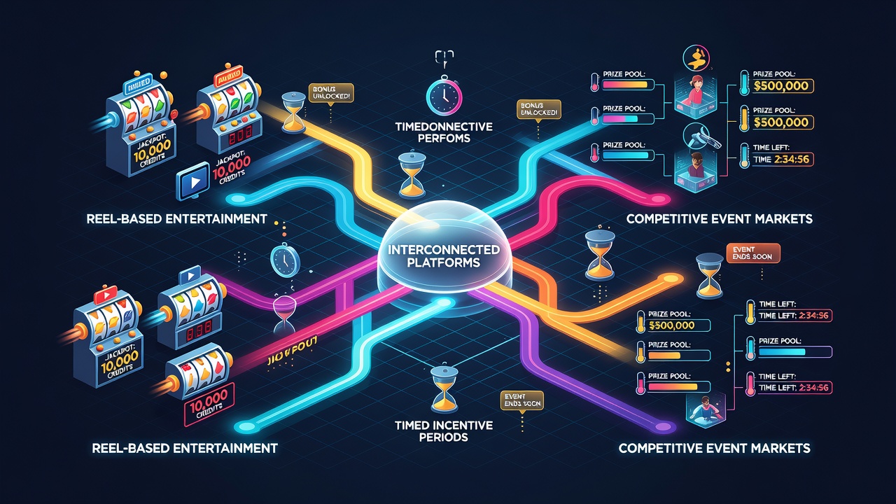 Digital interface showing player pathways between slot games and live sports betting markets during promotional periods