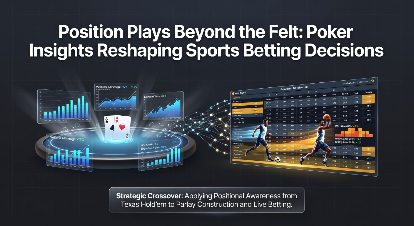 Poker players analyzing hands at a table while monitoring sports betting odds on multiple screens, highlighting the crossover of strategic position concepts.