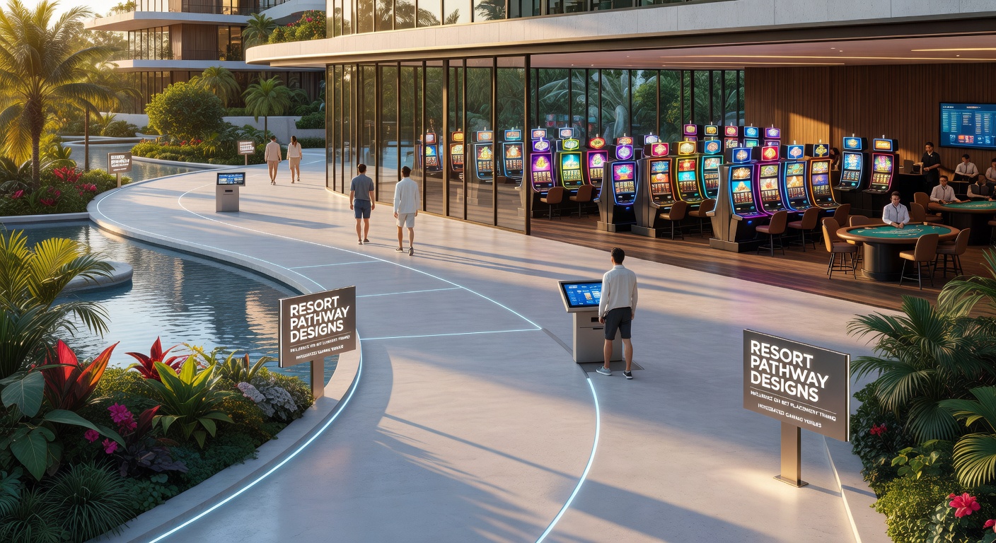 Overhead view of integrated gaming floor with highlighted pathway routes connecting slots, tables, and betting terminals