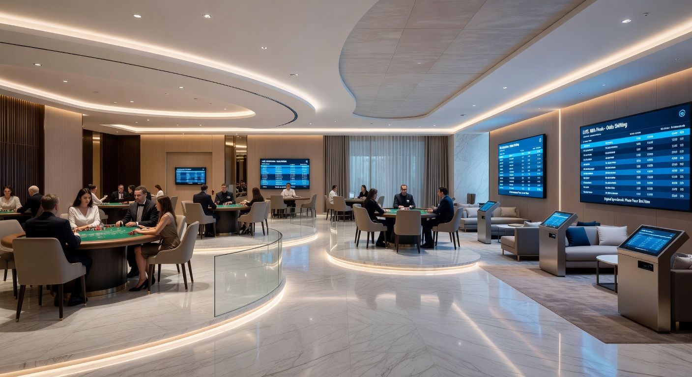 Resort atrium with flowing pathways guiding guests toward table game areas and integrated digital sports betting kiosks