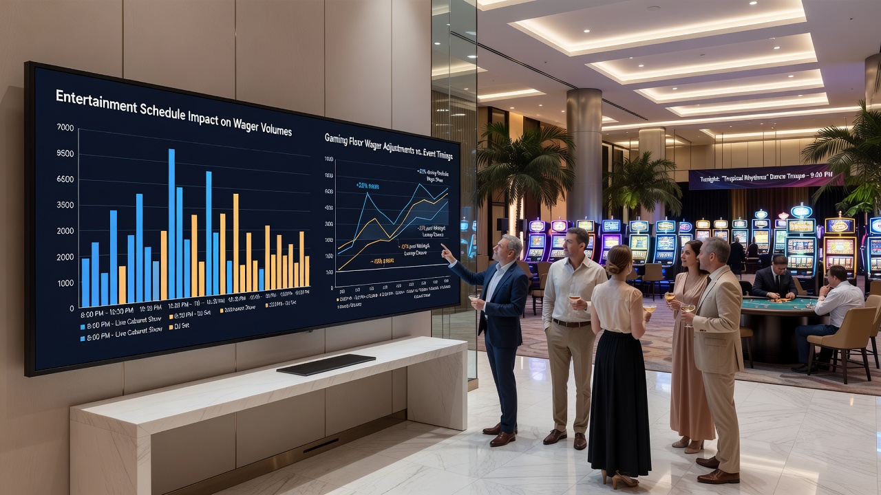 Sportsbook terminals in a resort setting showing adjusted wager limits during peak entertainment hours